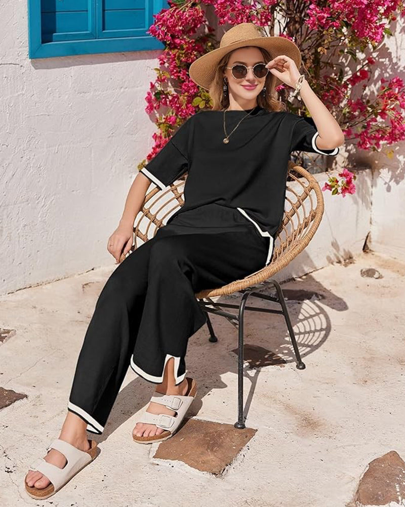 Luxurious Soft Knit Lounge Set: Short Sleeve Top & Wide Leg Pants