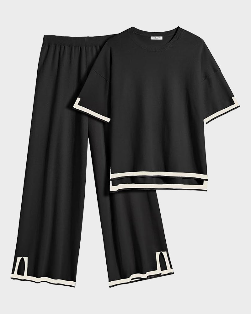 Luxurious Soft Knit Lounge Set: Short Sleeve Top & Wide Leg Pants