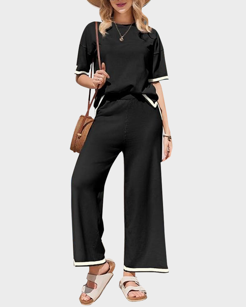 Luxurious Soft Knit Lounge Set: Short Sleeve Top & Wide Leg Pants