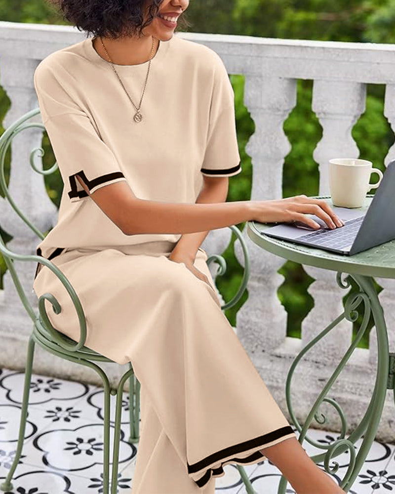 Luxurious Soft Knit Lounge Set: Short Sleeve Top & Wide Leg Pants