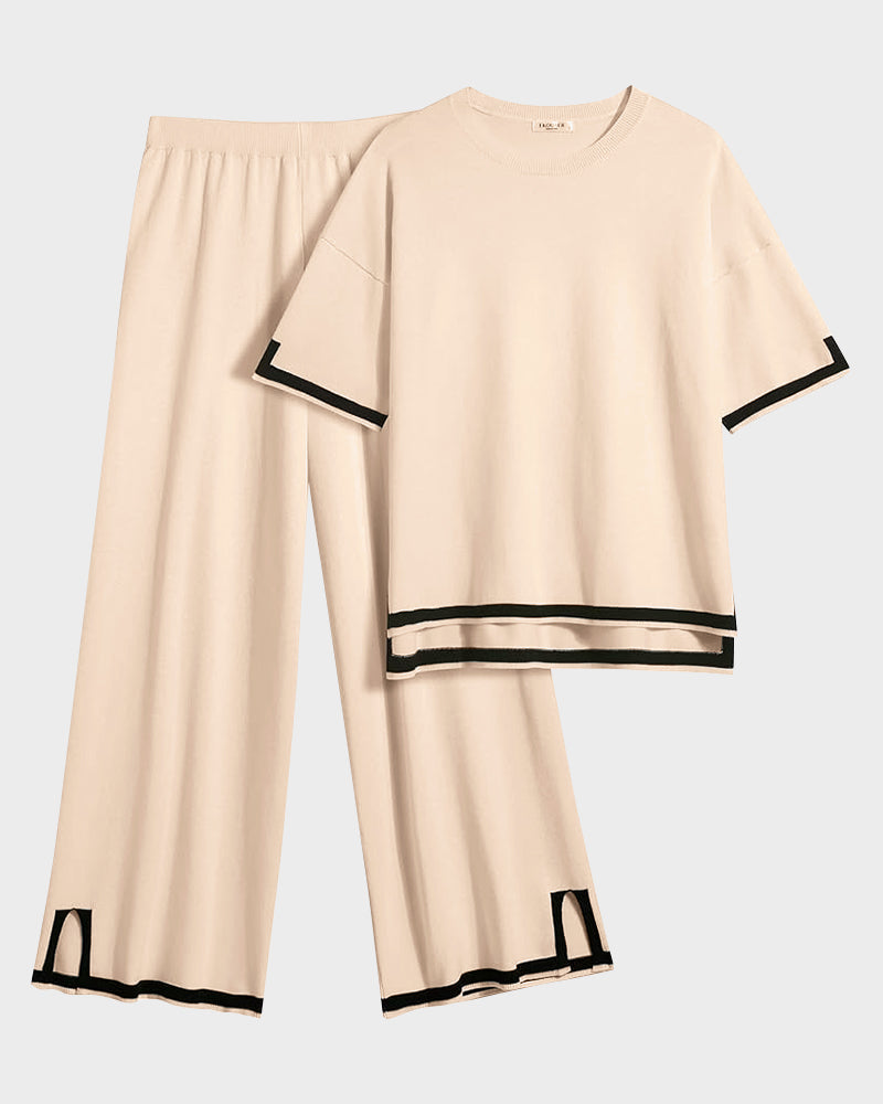 Luxurious Soft Knit Lounge Set: Short Sleeve Top & Wide Leg Pants