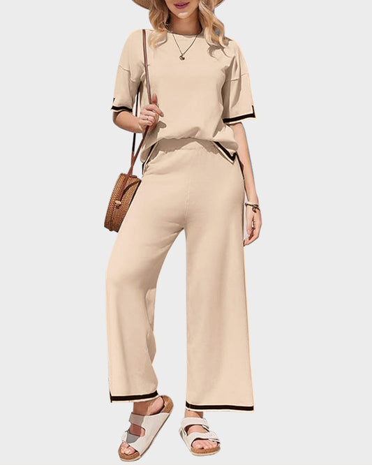 Luxurious Soft Knit Lounge Set: Short Sleeve Top & Wide Leg Pants