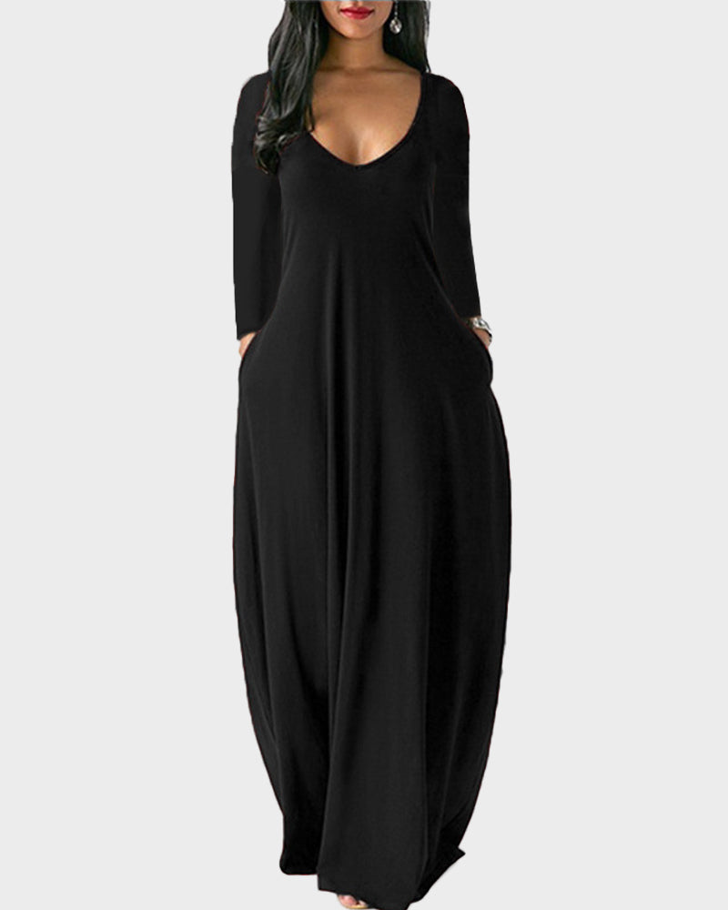 Soft Solid Long Sleeve Pocket Lounge Dress, Versatile Comfort for Women