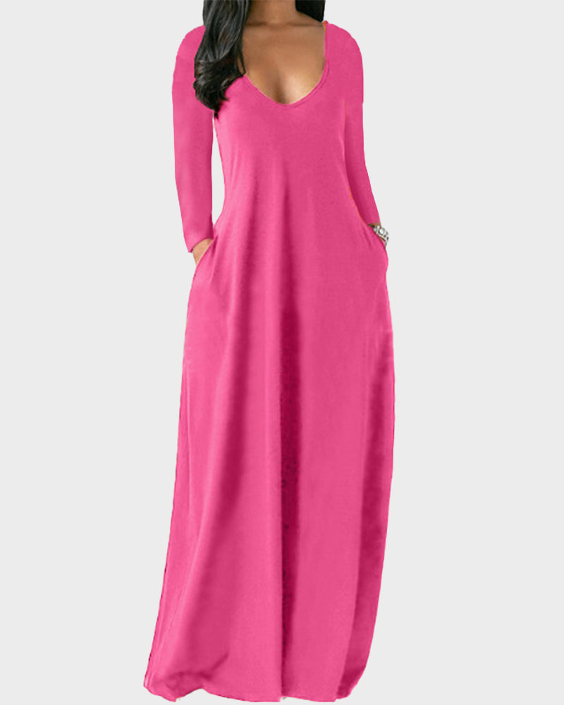 Soft Solid Long Sleeve Pocket Lounge Dress, Versatile Comfort for Women