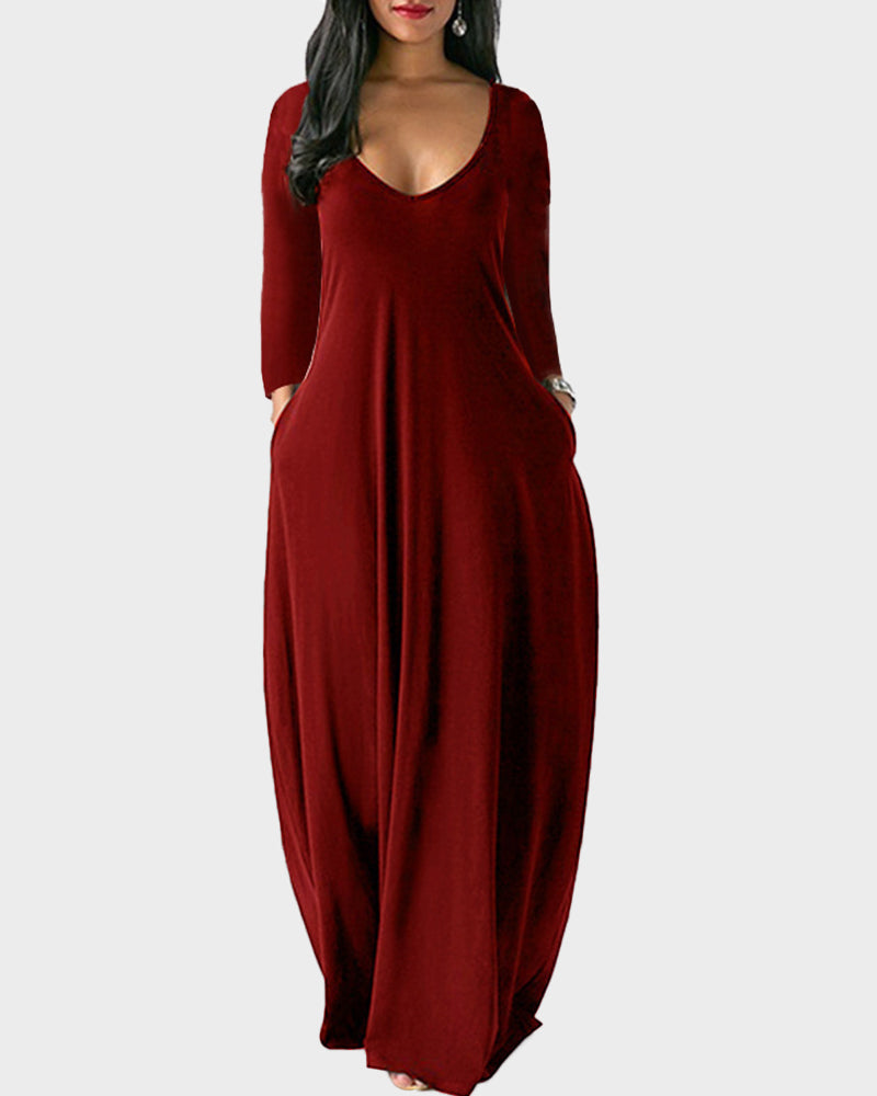 Soft Solid Long Sleeve Pocket Lounge Dress, Versatile Comfort for Women