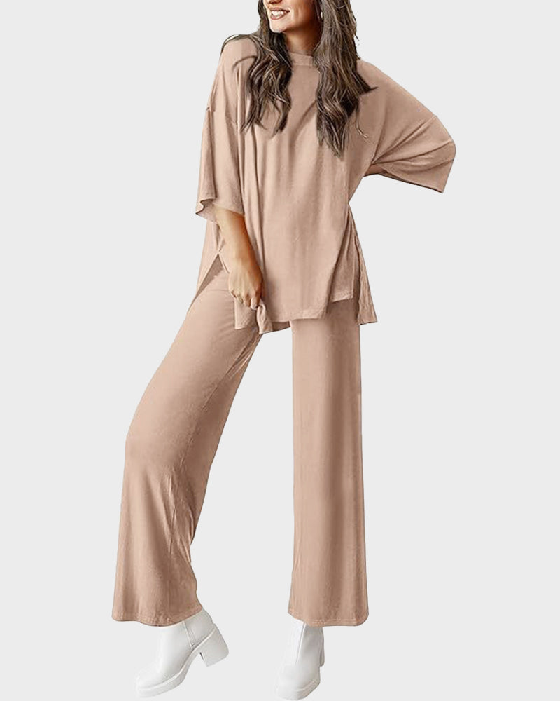 Effortless Chic Split Hem Wide Leg 2-Piece Loungewear Set with Pockets