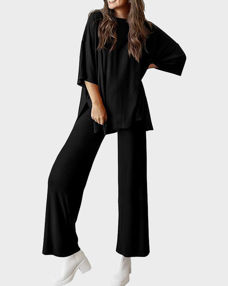 Effortless Chic Split Hem Wide Leg 2-Piece Loungewear Set with Pockets