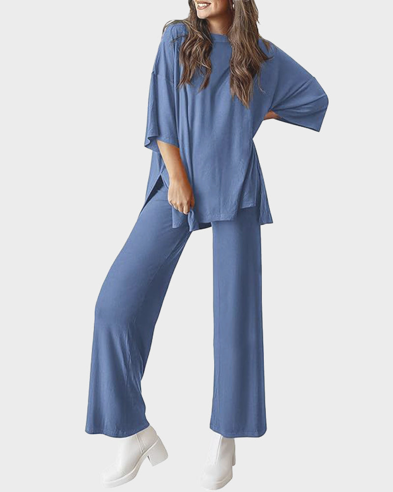 Effortless Chic Split Hem Wide Leg 2-Piece Loungewear Set with Pockets