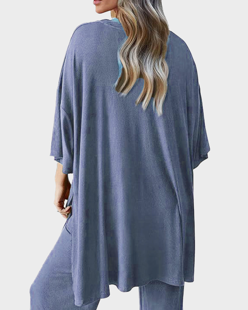 Effortless Chic Split Hem Wide Leg 2-Piece Loungewear Set with Pockets