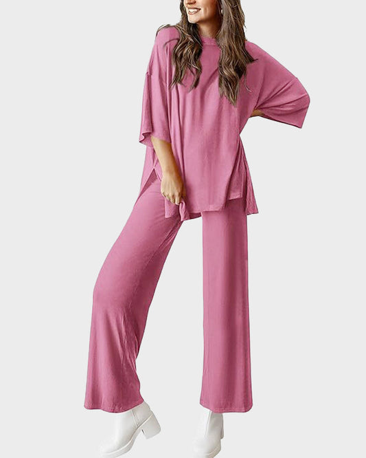 Effortless Chic Split Hem Wide Leg 2-Piece Loungewear Set with Pockets