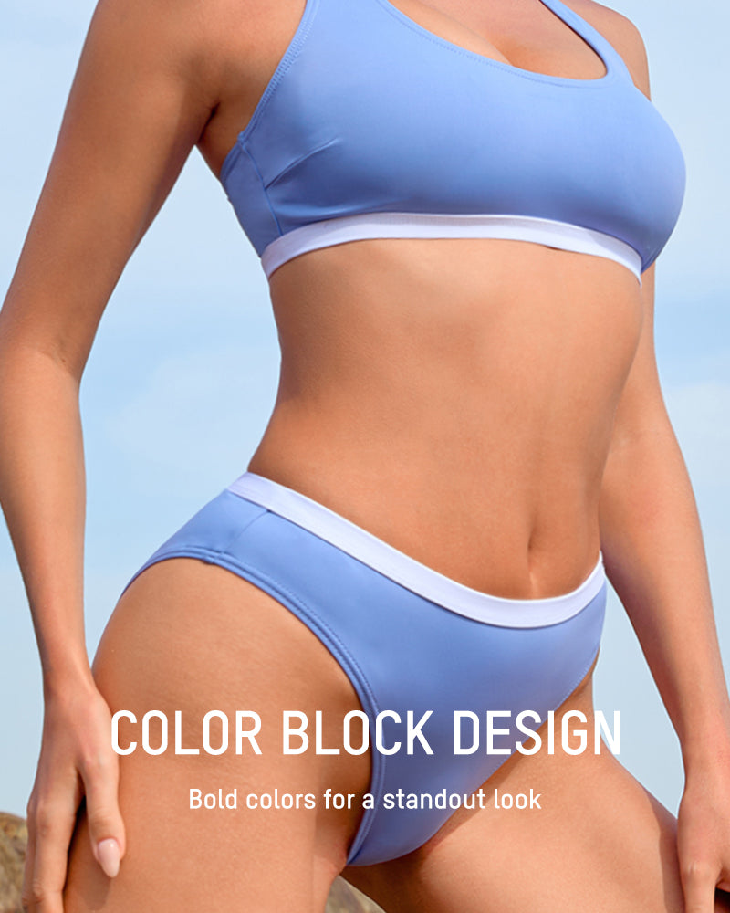 Sporty Back Bralette Banded Hipster Bikini Set Dusty Blue Swimsuit