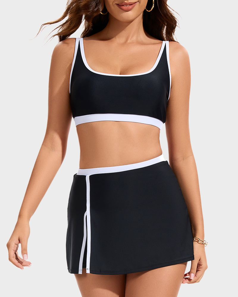 Sporty Color Block Skirted Bikini Set with Side Slit Design
