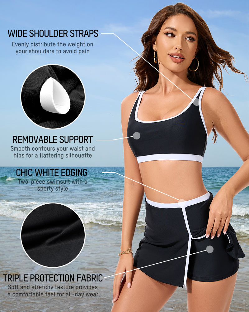 Sporty Color Block Skirted Bikini Set with Side Slit Design