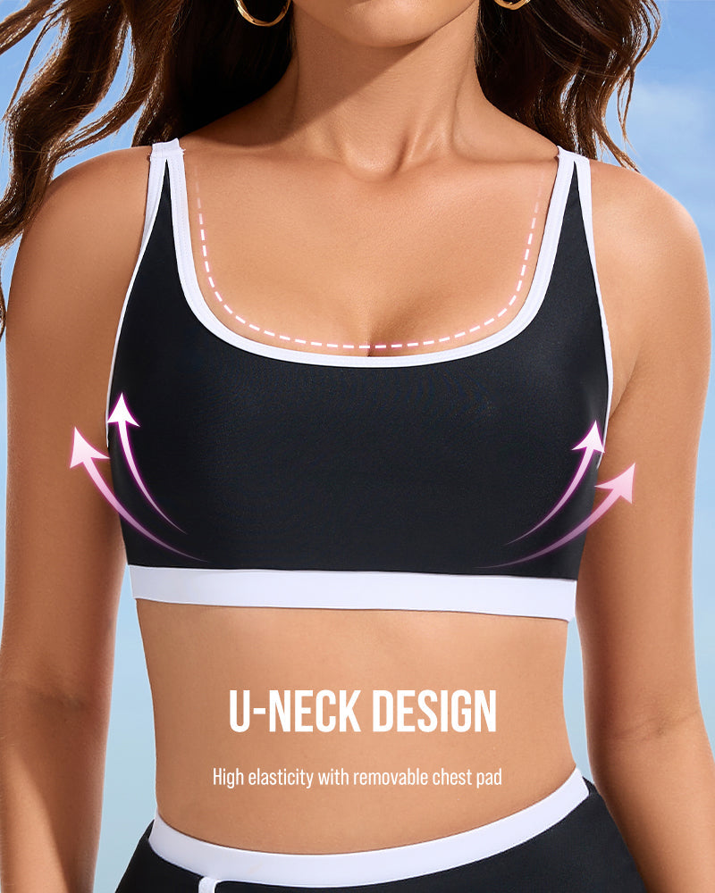 Sporty Color Block Skirted Bikini Set with Side Slit Design