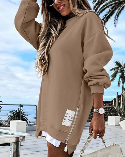 Stylish Oversized Long Sleeve Sweatshirt with Trendy Side Zipper Slit