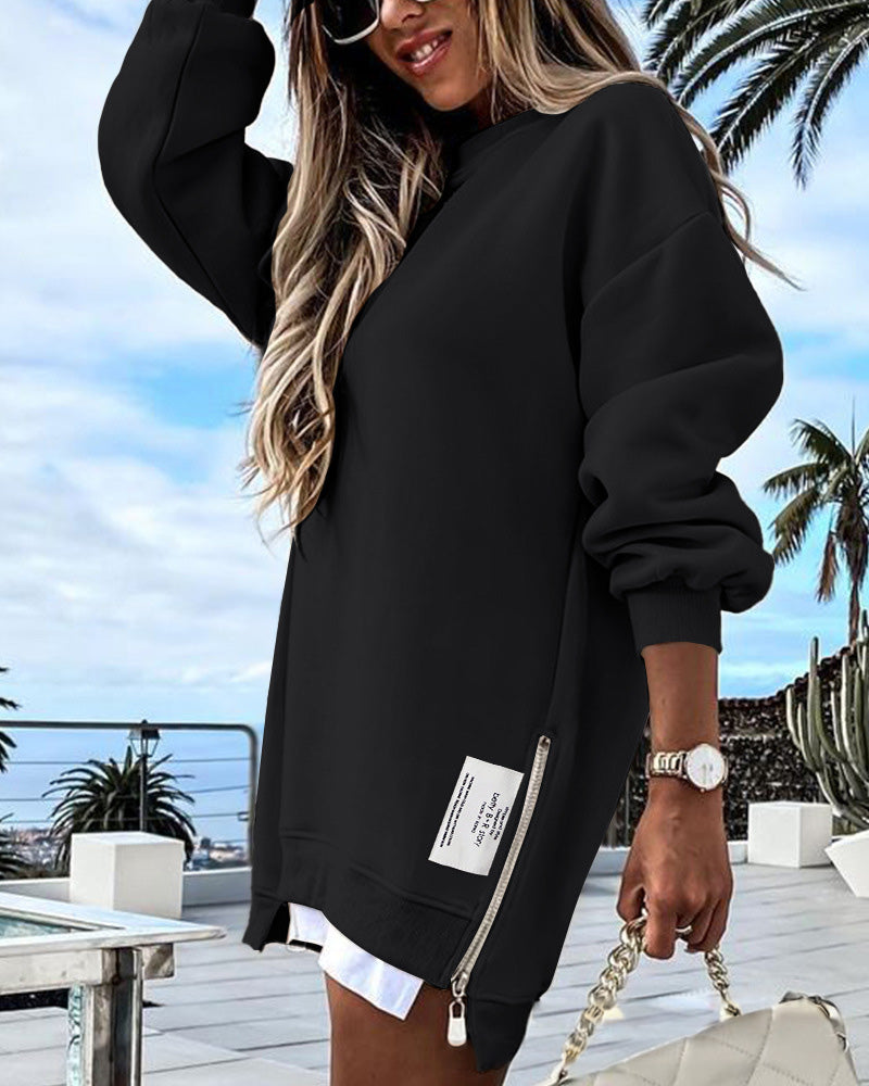 Stylish Oversized Long Sleeve Sweatshirt with Trendy Side Zipper Slit