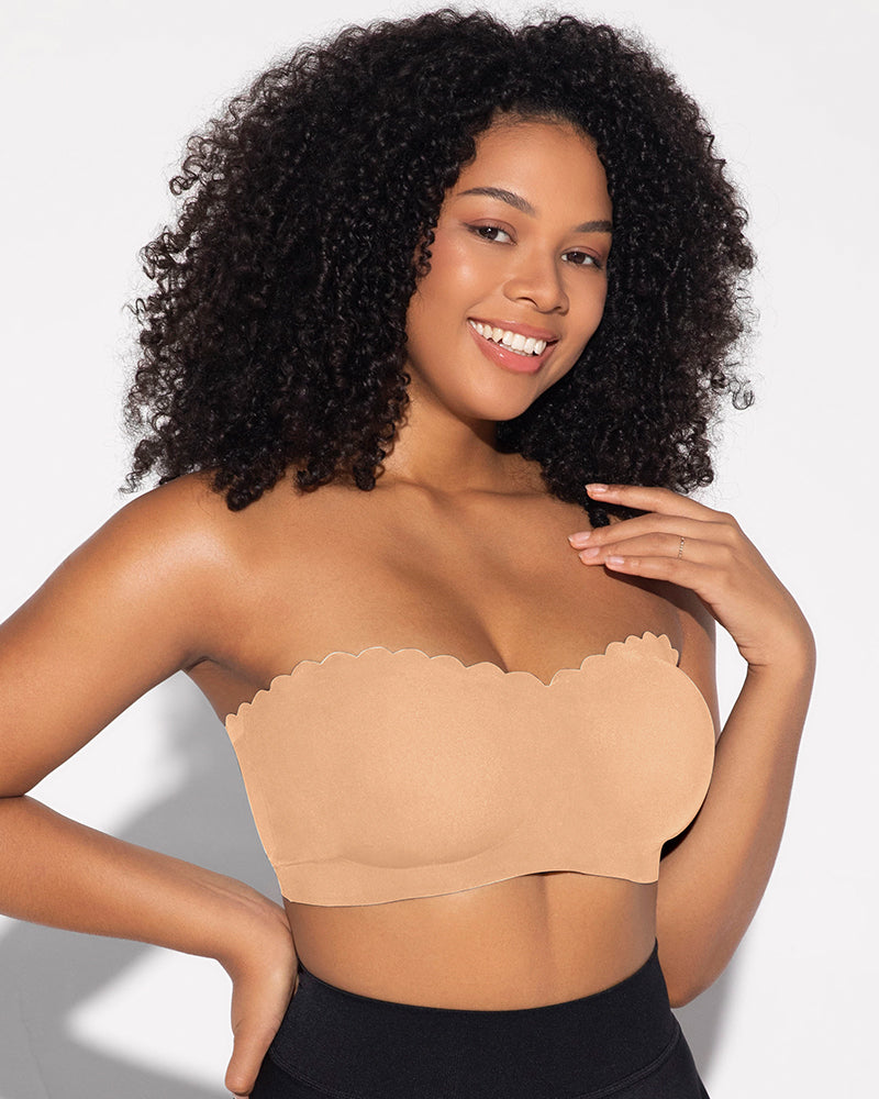 Comfortable Wireless Strapless Front-Closure Leopard Print Bra with Scalloped Trim