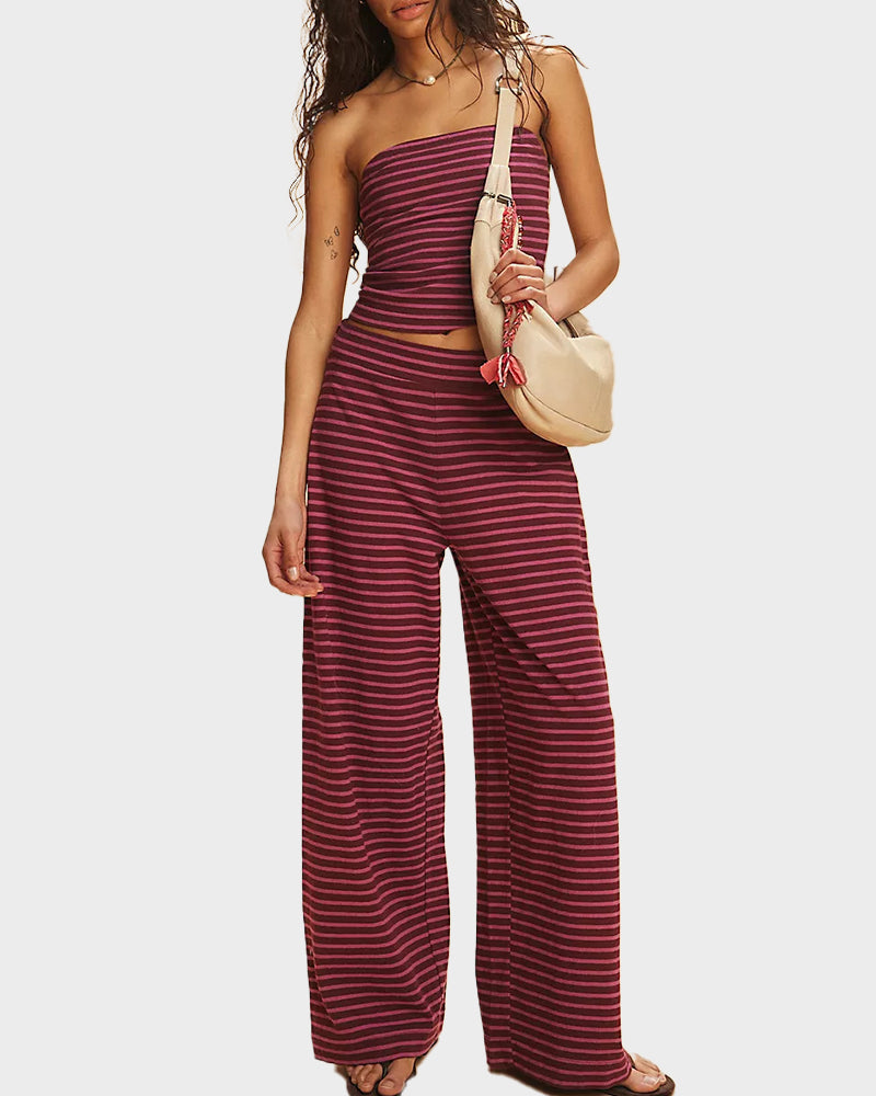 Women's Chic Striped Tube Top & Wide-Leg Pants Two-Piece Set - Casual Summer Comfort