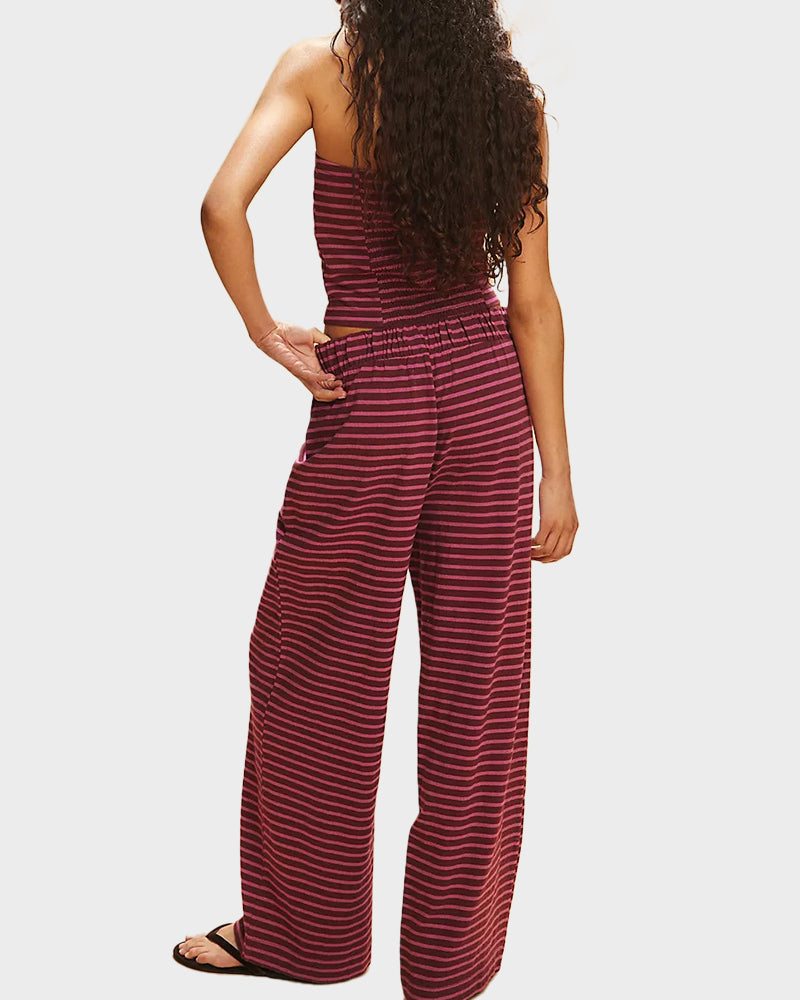 Women's Chic Striped Tube Top & Wide-Leg Pants Two-Piece Set - Casual Summer Comfort