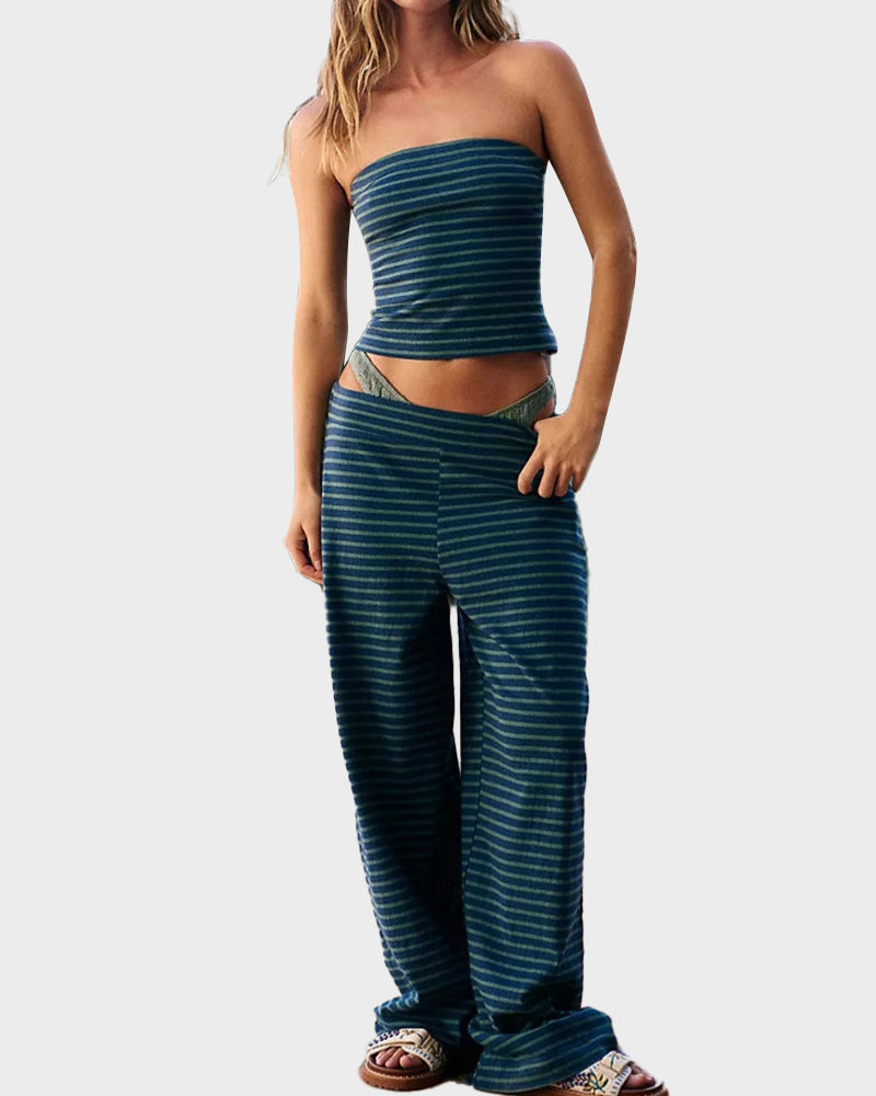 Women's Chic Striped Tube Top & Wide-Leg Pants Two-Piece Set - Casual Summer Comfort