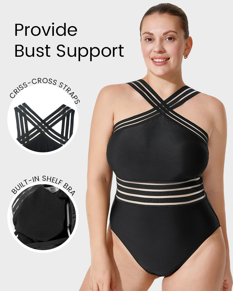 Chic Striped Mesh Insert Cross-Over Halter Neck One-Piece Swimsuit for Women