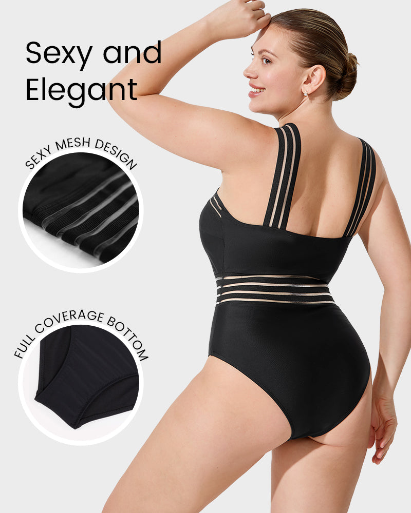 Chic Striped Mesh Insert Cross-Over Halter Neck One-Piece Swimsuit for Women