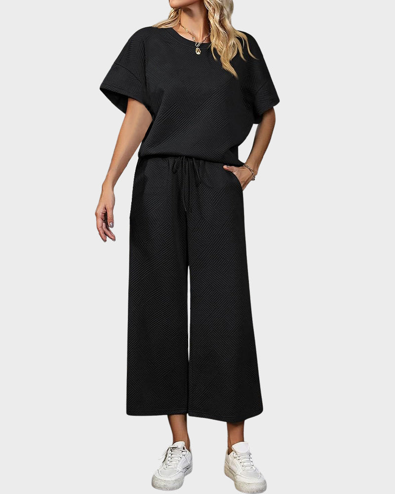 Cozy Textured Knit Two-Piece Lounge Set: Drawstring Waist Wide-Leg Comfort