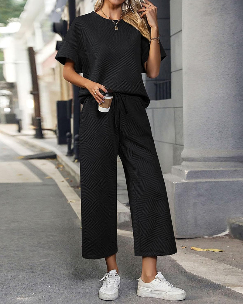 Cozy Textured Knit Two-Piece Lounge Set: Drawstring Waist Wide-Leg Comfort