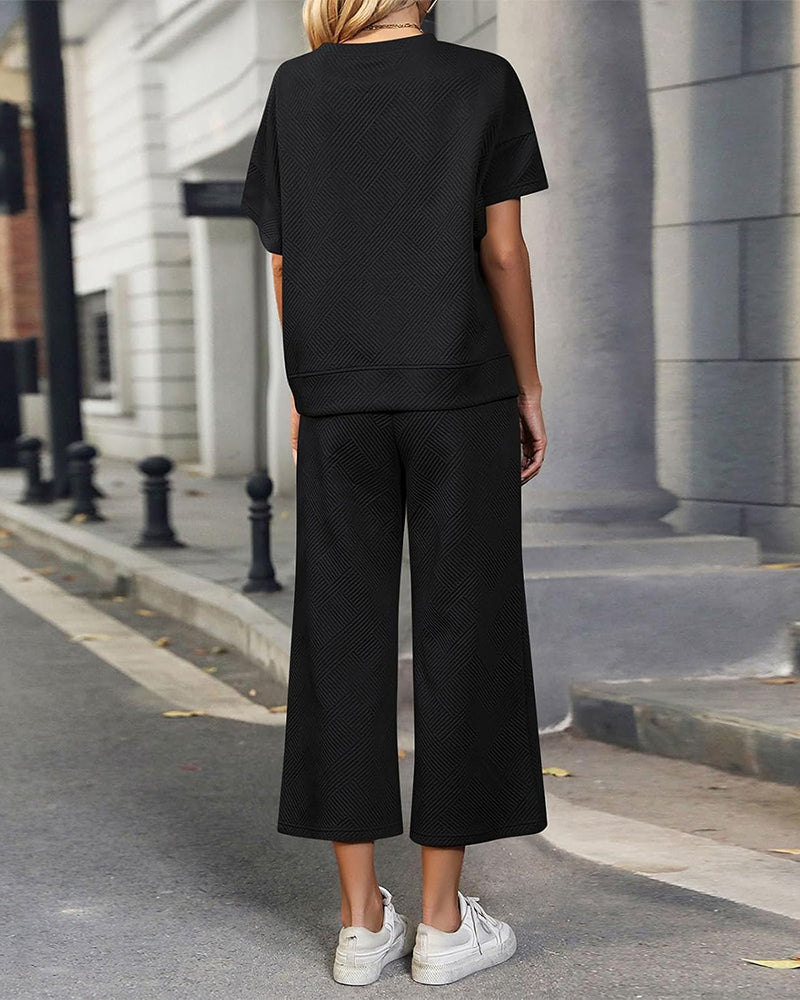 Cozy Textured Knit Two-Piece Lounge Set: Drawstring Waist Wide-Leg Comfort