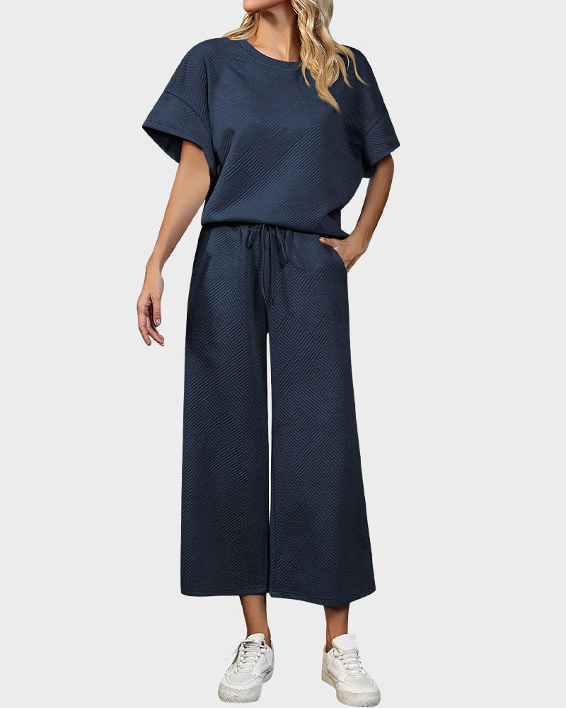 Cozy Textured Knit Two-Piece Lounge Set: Drawstring Waist Wide-Leg Comfort