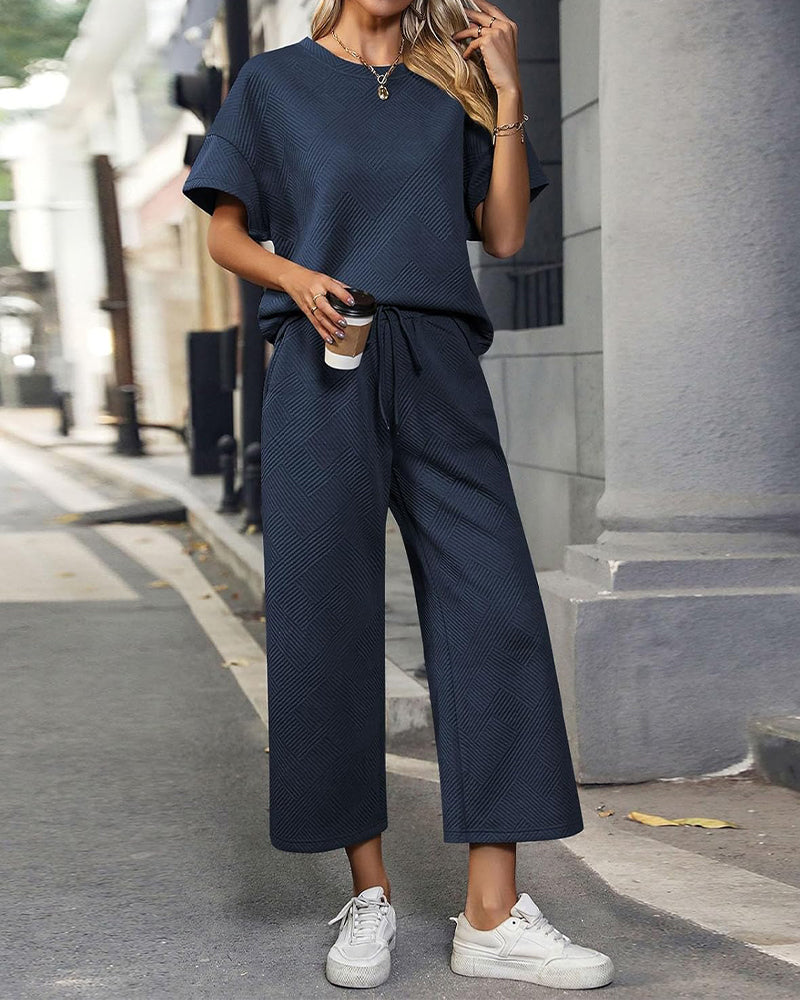 Cozy Textured Knit Two-Piece Lounge Set: Drawstring Waist Wide-Leg Comfort