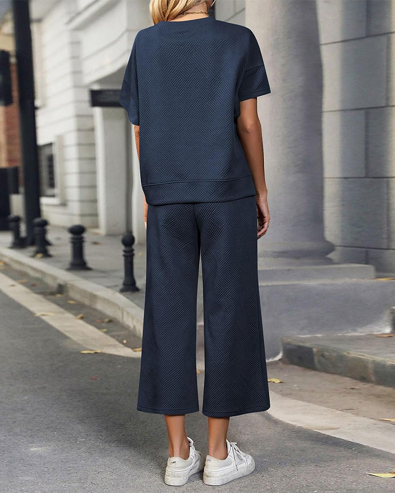 Cozy Textured Knit Two-Piece Lounge Set: Drawstring Waist Wide-Leg Comfort