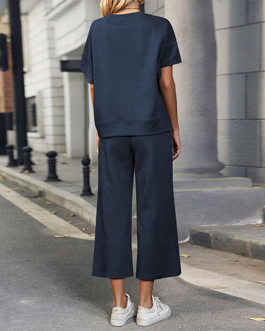Cozy Textured Knit Two-Piece Lounge Set: Drawstring Waist Wide-Leg Comfort