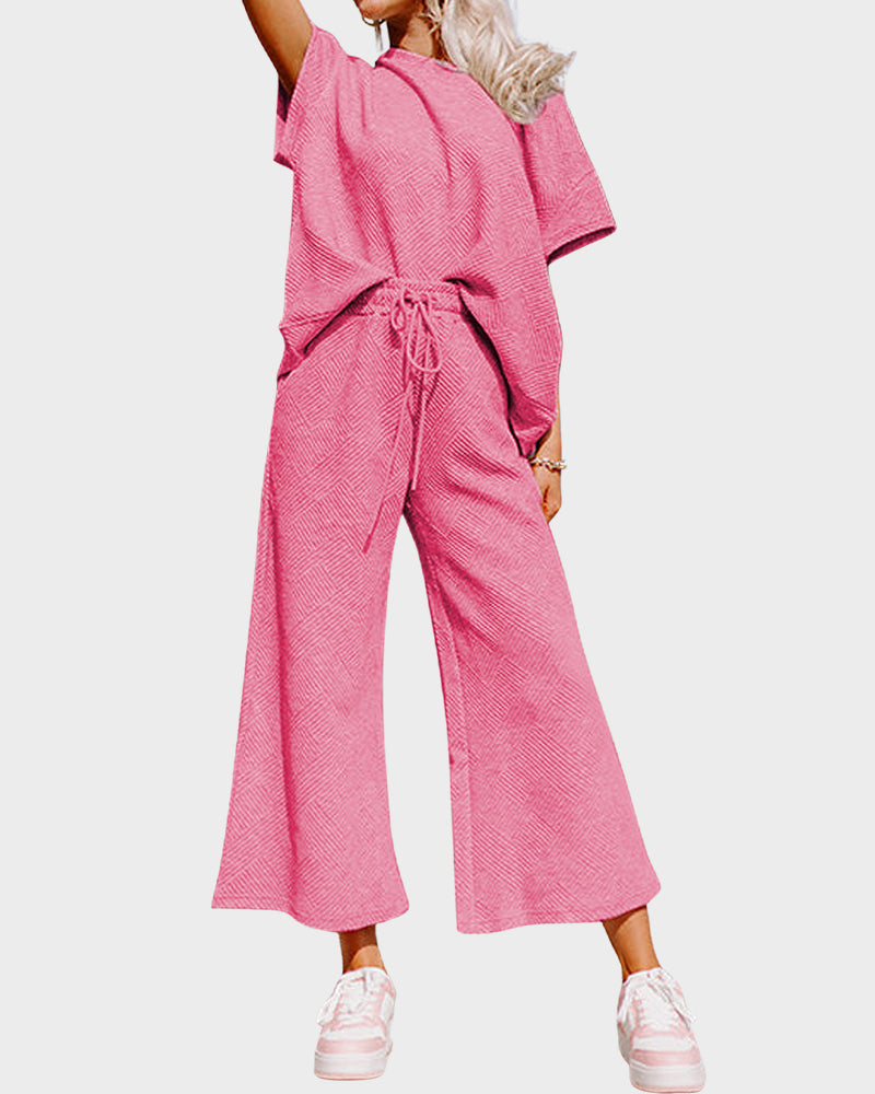 Cozy Textured Knit Two-Piece Lounge Set: Drawstring Waist Wide-Leg Comfort
