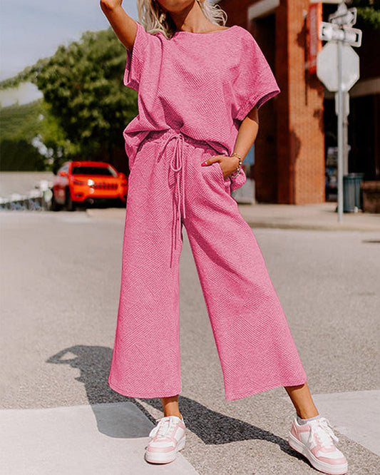 Cozy Textured Knit Two-Piece Lounge Set: Drawstring Waist Wide-Leg Comfort