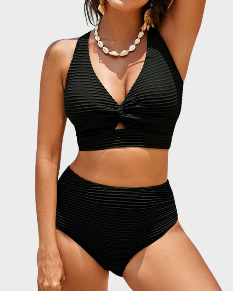 Chic Textured Knot-Front High-Waisted Bikini Set for Women