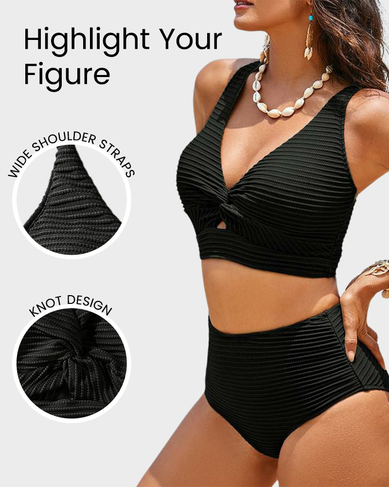Chic Textured Knot-Front High-Waisted Bikini Set for Women