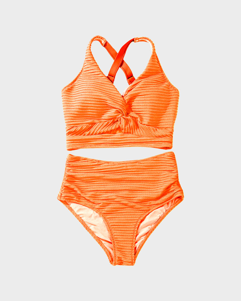 Chic Textured Knot-Front High-Waisted Bikini Set for Women