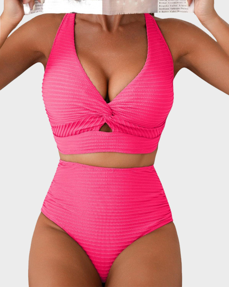 Chic Textured Knot-Front High-Waisted Bikini Set for Women