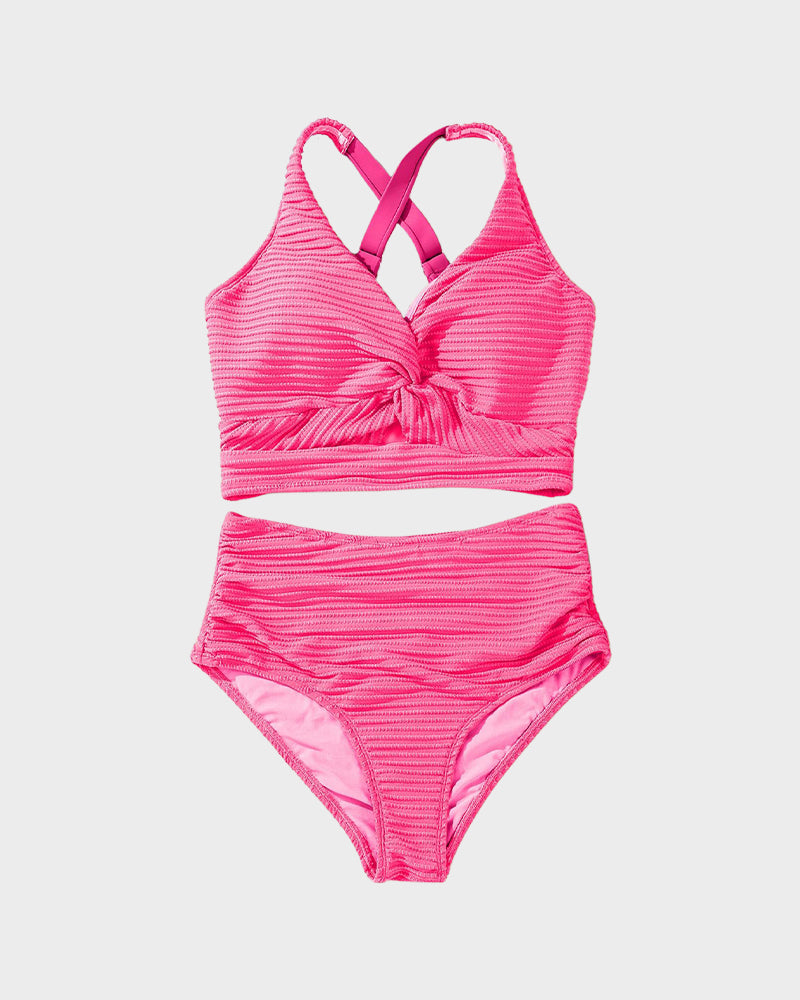 Chic Textured Knot-Front High-Waisted Bikini Set for Women
