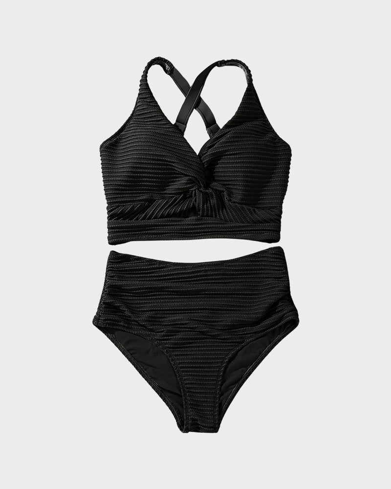 Chic Textured Knot-Front High-Waisted Bikini Set for Women