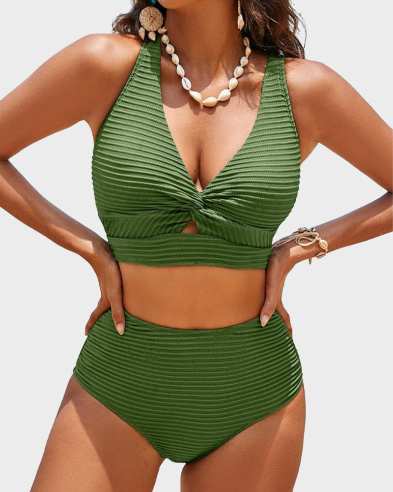 Chic Textured Knot-Front High-Waisted Bikini Set for Women
