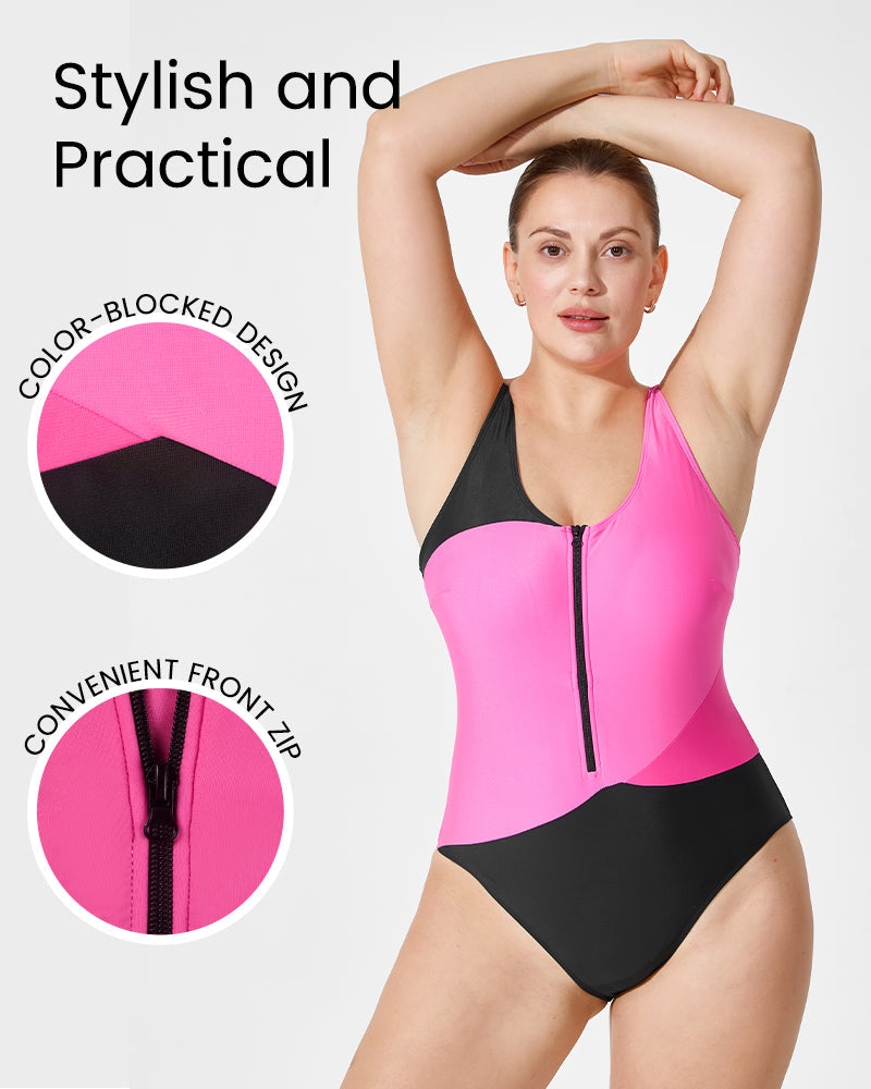 Stylish Color-Blocked Front Zip Tank Swimsuit for Active Women