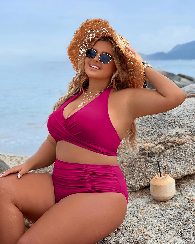 Women's Modest Tummy Control High Waisted Halter Bikini Swimsuit Set