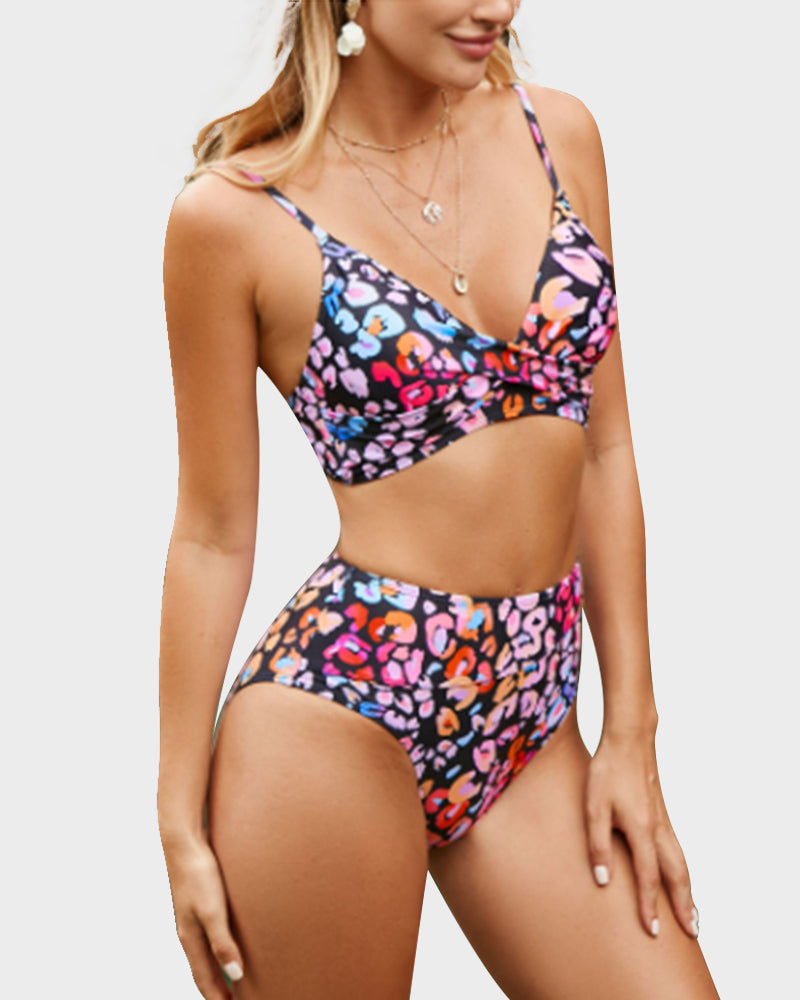 Chic Twisted Front Color-Block High Waist Bikini Set for Women