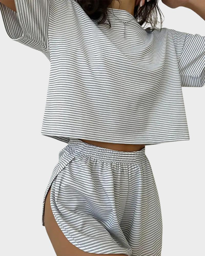 Soft Cotton Striped Pajama Set: Relaxing T-Shirt & Side-Split Shorts