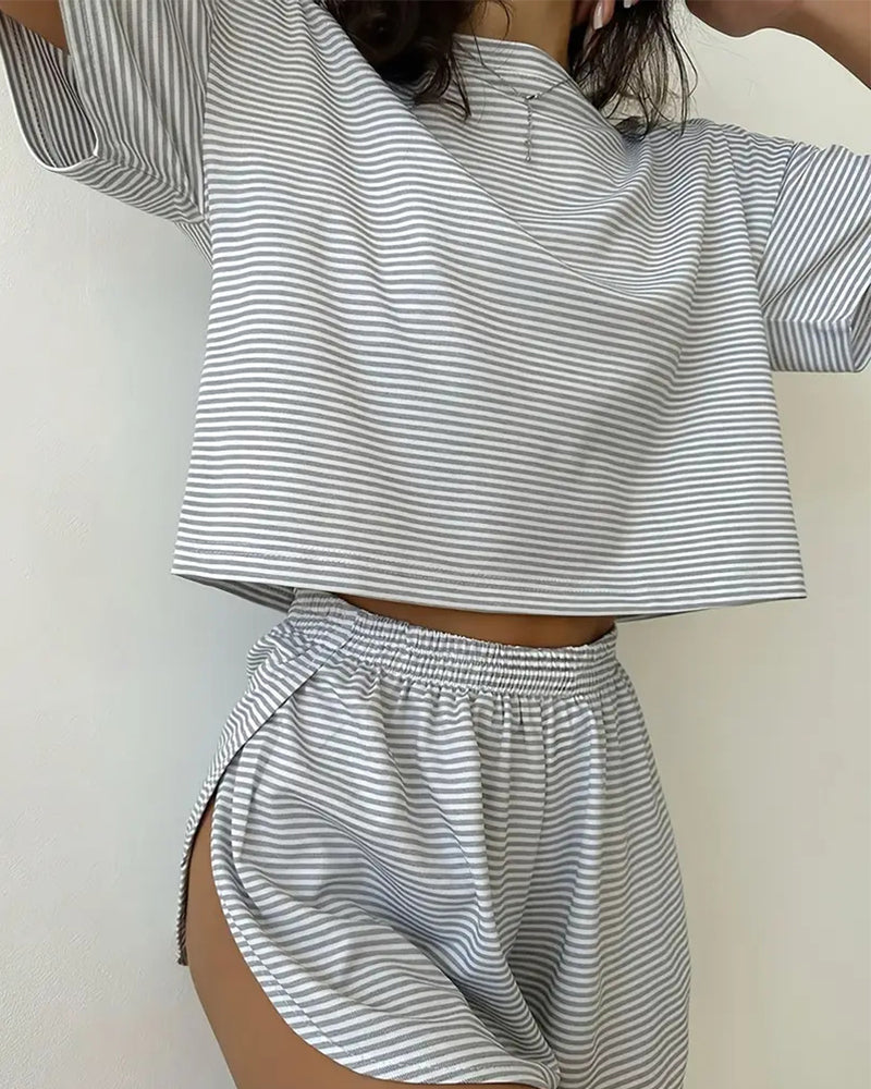Soft Cotton Striped Pajama Set: Relaxing T-Shirt & Side-Split Shorts