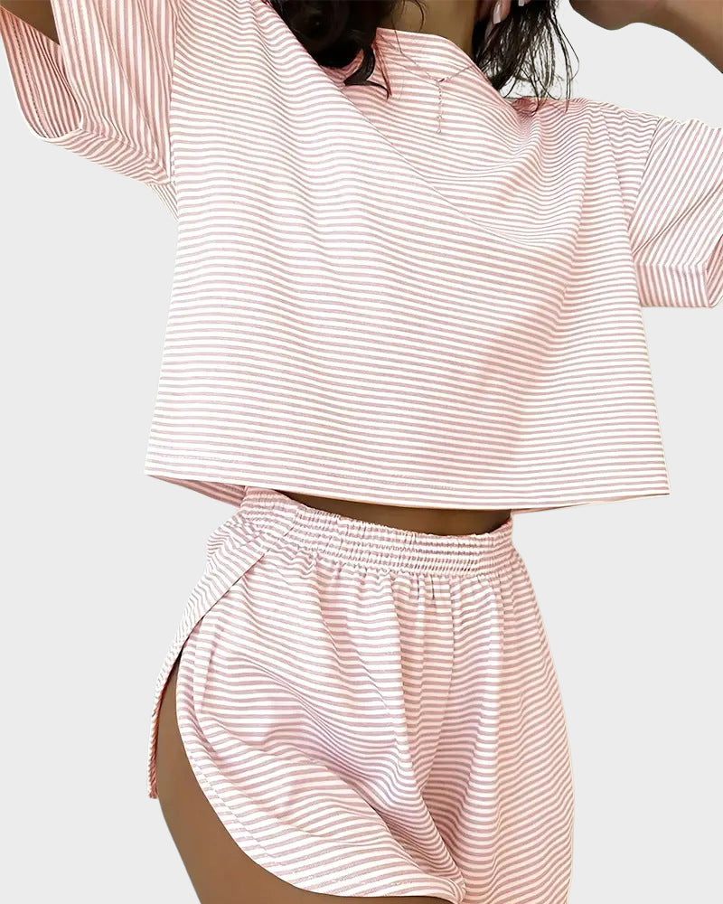 Soft Cotton Striped Pajama Set: Relaxing T-Shirt & Side-Split Shorts