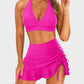 Flattering High-Waisted Halter V-Neck Two-Piece Bikini Set with Ruched Skirt