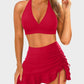 Flattering High-Waisted Halter V-Neck Two-Piece Bikini Set with Ruched Skirt